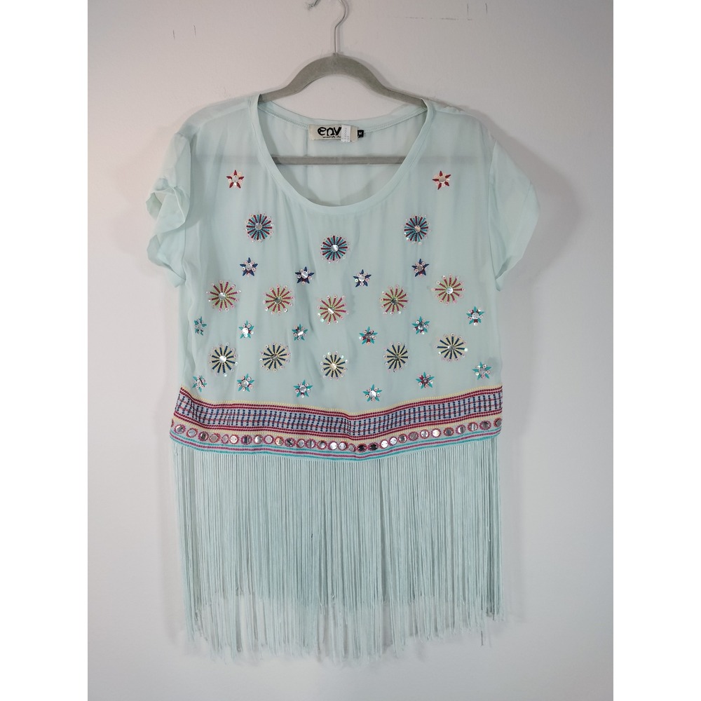 Envy Embroidered & Sequined Fringe Chiffon Top